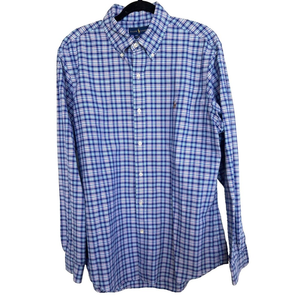 Polo Ralph Lauren Men's Blue Plaid Cotton Classic Fit Button-Front Shirt  Size L